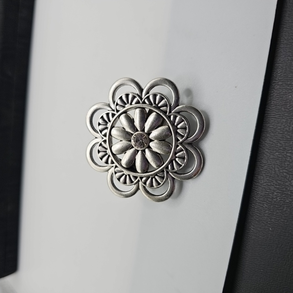 Grace Adele Silvertone Floral Brooch With Rhinestone Center
